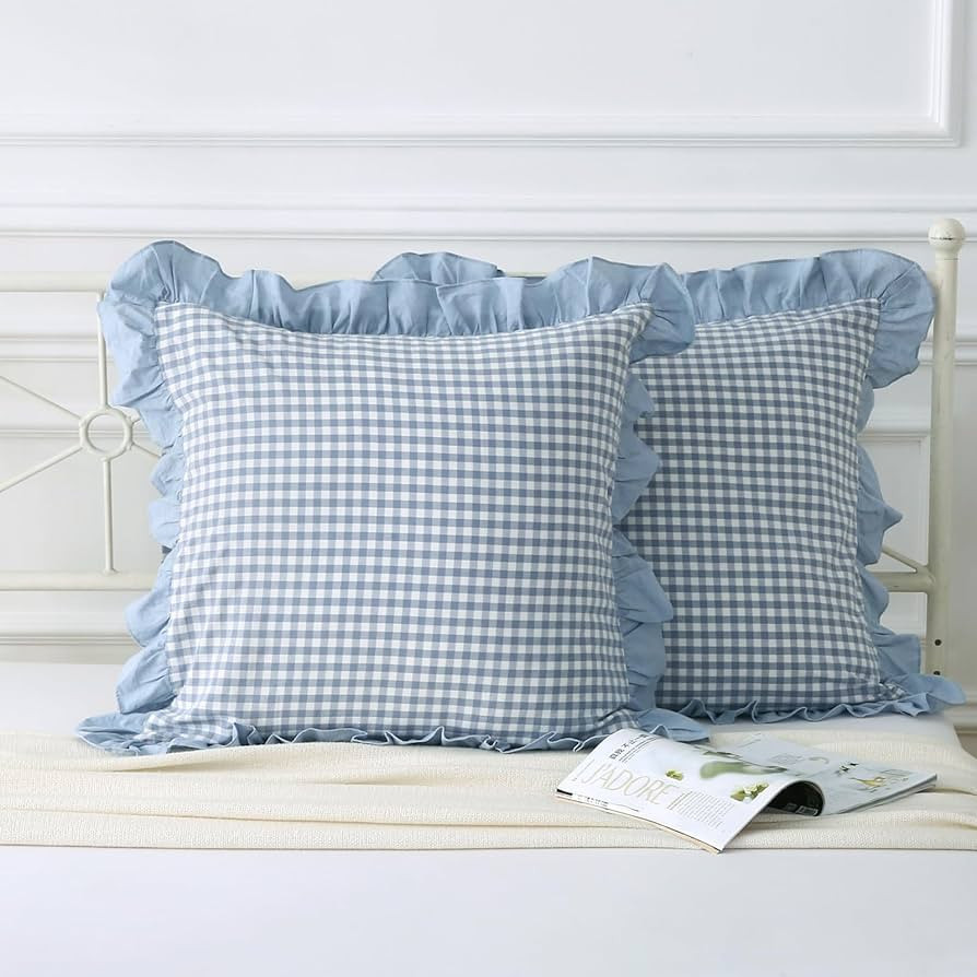 Dusty Blue Plaid Ruffle Throw Pillow Covers for Couch 20"x20",2 Pack Vintage Checkered Washed Cot... | Amazon (US)