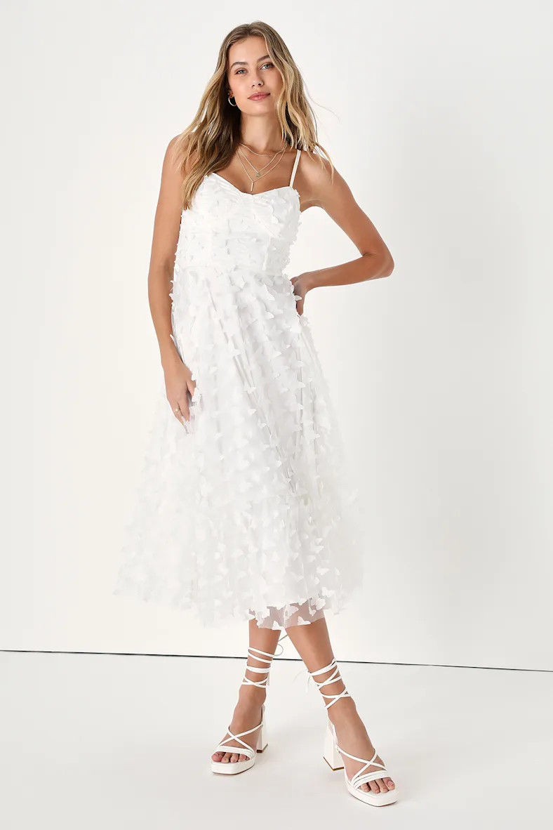 Time to Fly White Butterfly Lace-Up Midi Dress | Lulus
