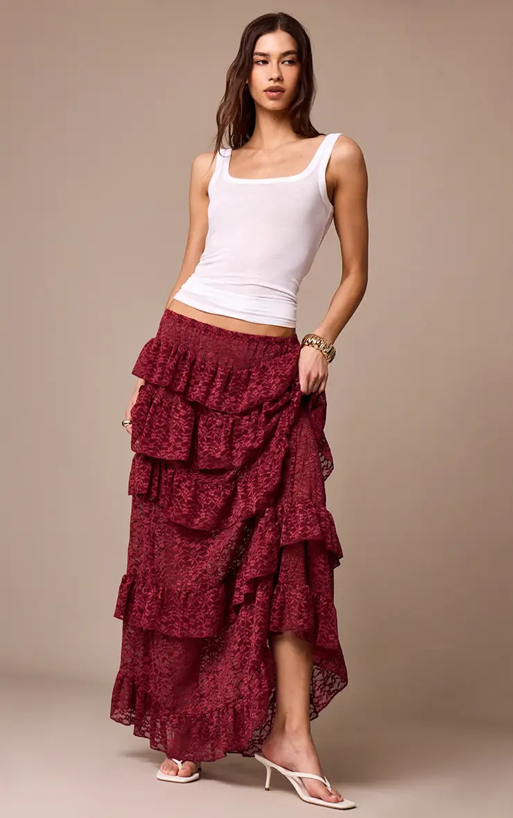 Dark Plum Lace Tiered Floaty Maxi Skirt | PrettyLittleThing US