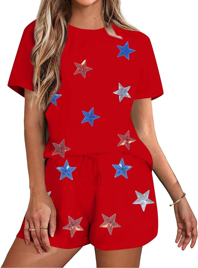 VILOVE 4th of July 2 Piece Sequin Outfits Women Star Stripe Shirts and Short Sets Casual Patrioti... | Amazon (US)