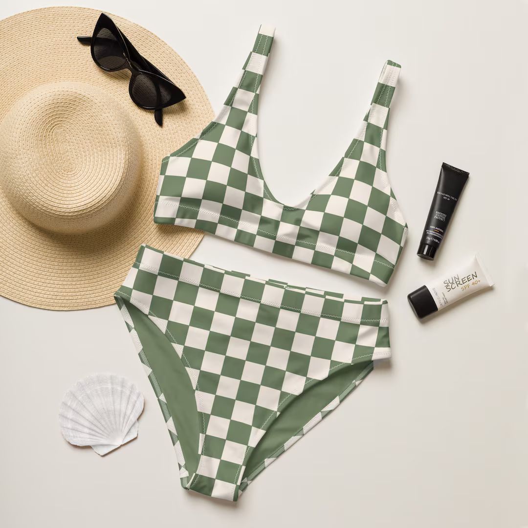 Retro Green Checkered Bikini Set Vintage High Waisted Swim Suit Sage Green Checked Bathing Suit C... | Etsy (US)