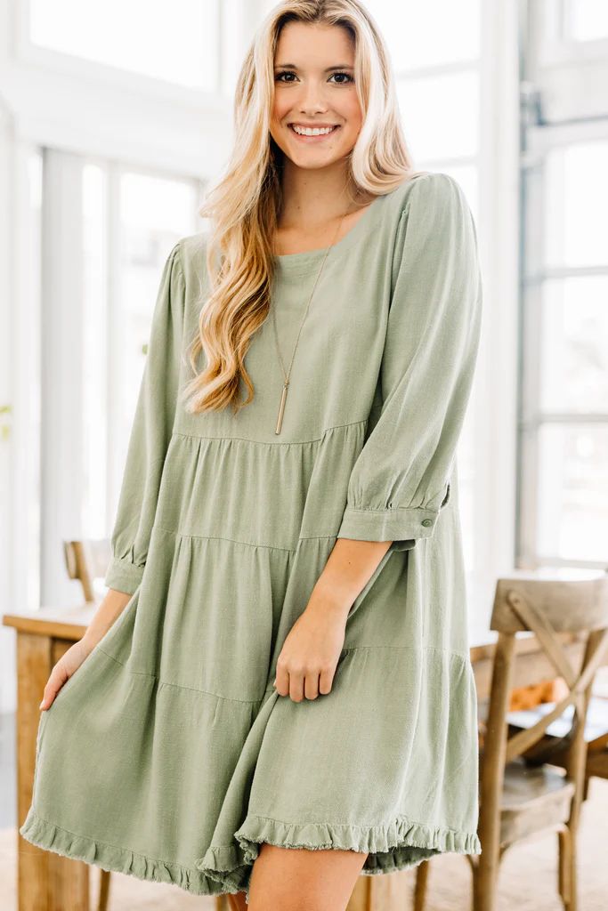Turn To Me Sage Green Tiered Linen Dress | The Mint Julep Boutique