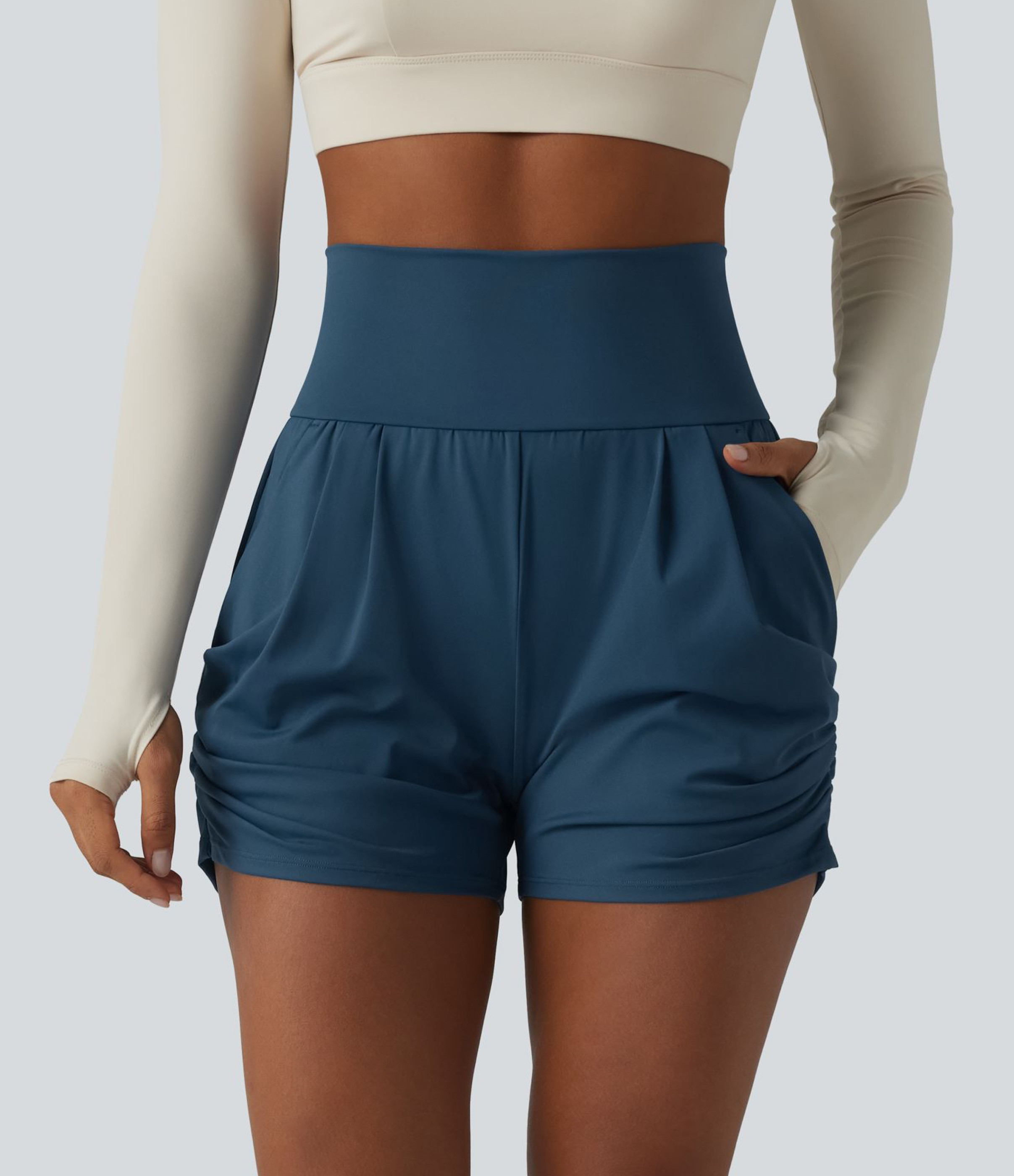 Halara SoftlyZero™ Airy High Waisted Ruched Cool Touch Yoga Shorts 3'' with Pockets Gym Short - Majolica Blue - S booty shorts | HALARA