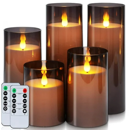Homemory Gray Flickering Flameless Candles, Battery Operated Acrylic LED Pillar Candles with Remote Control and Timer, Set of 5 | Walmart (US)