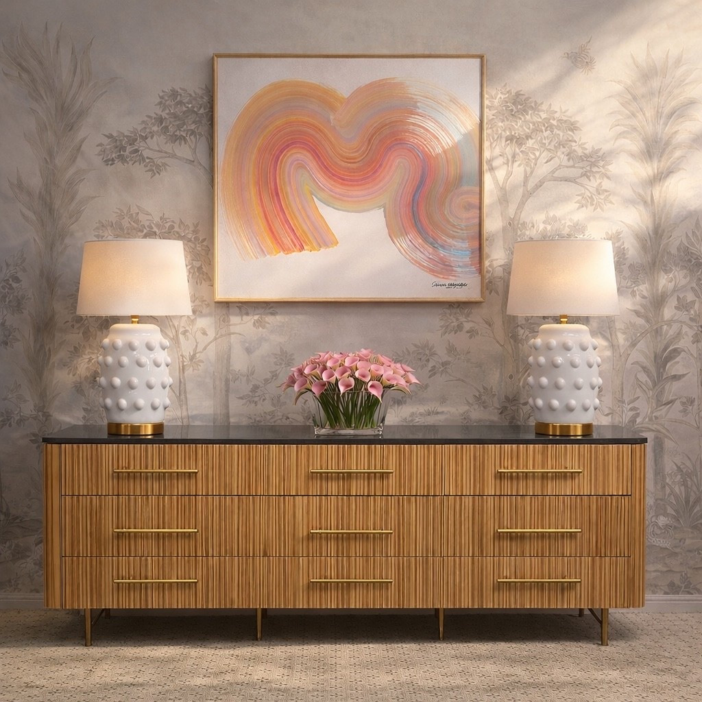 Friday night mood.

Soft lighting, fresh flowers, and a beautifully styled console can instantly change the feeling of a space. The fluted dresser brings warmth, while the mural wallpaper adds quiet depth and texture to the wall behind.

Paired with sculptural ceramic lamps and a simple arrangement of pink calla lilies, the look feels calm, elegant, and effortlessly layered. The abstract artwork pulls the palette together and creates a soft focal point.

Sometimes a thoughtfully styled corner is all it takes to set the mood for the evening.
#fridayvibes
#ltkhome
#consoledecor
#muralwallpaper
#quietluxury
#homestyling
#modernhome
#interiorinspo
#layeredhome
#designinspiration
#tablelamp #art #floral #rug

#LTKHome