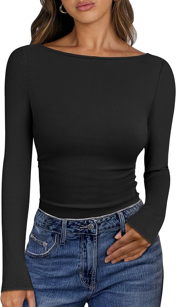 ANRABESS Women's Boat Neck Long Sleeve Shirts Rib Knit Slim Fitting Tops Basic Tees 2026 Casual C... | Amazon (US)