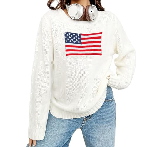 Women's American Flag Sweater Loose Long Sleeve Knit Pullover Top Vintage 4th of July Jumper Patriotic Knitwear (Ribbed White, S) | Amazon (US)