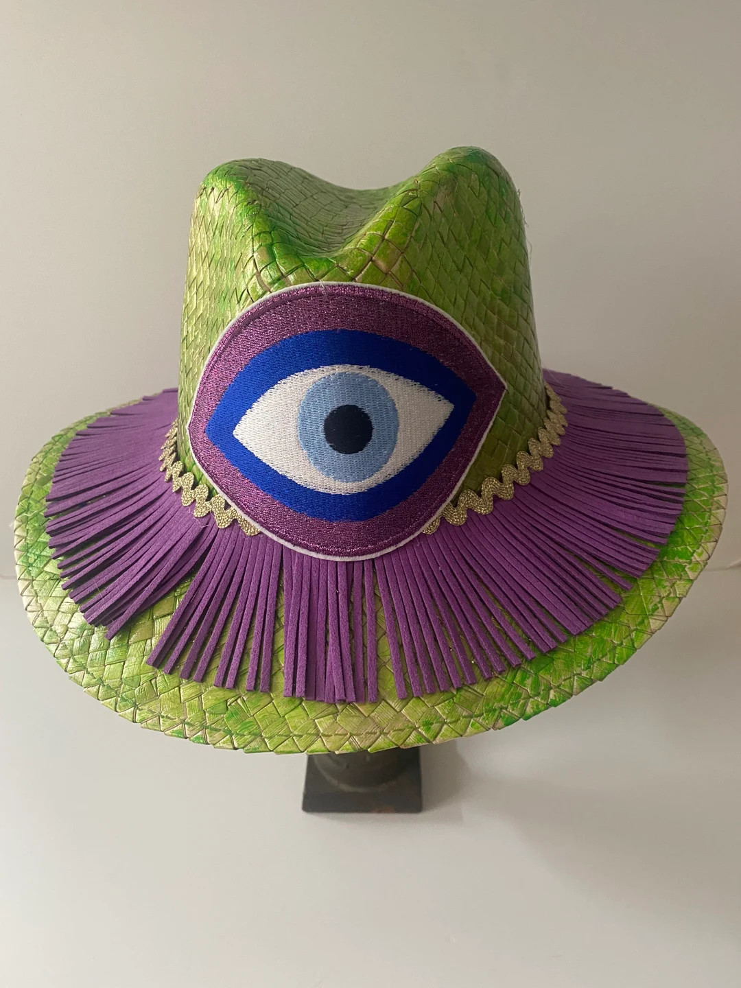 Straw boho hat with fringes and evil eye.  fringed gypsy hat  bohemian green hat  violet boho hat... | Etsy (US)