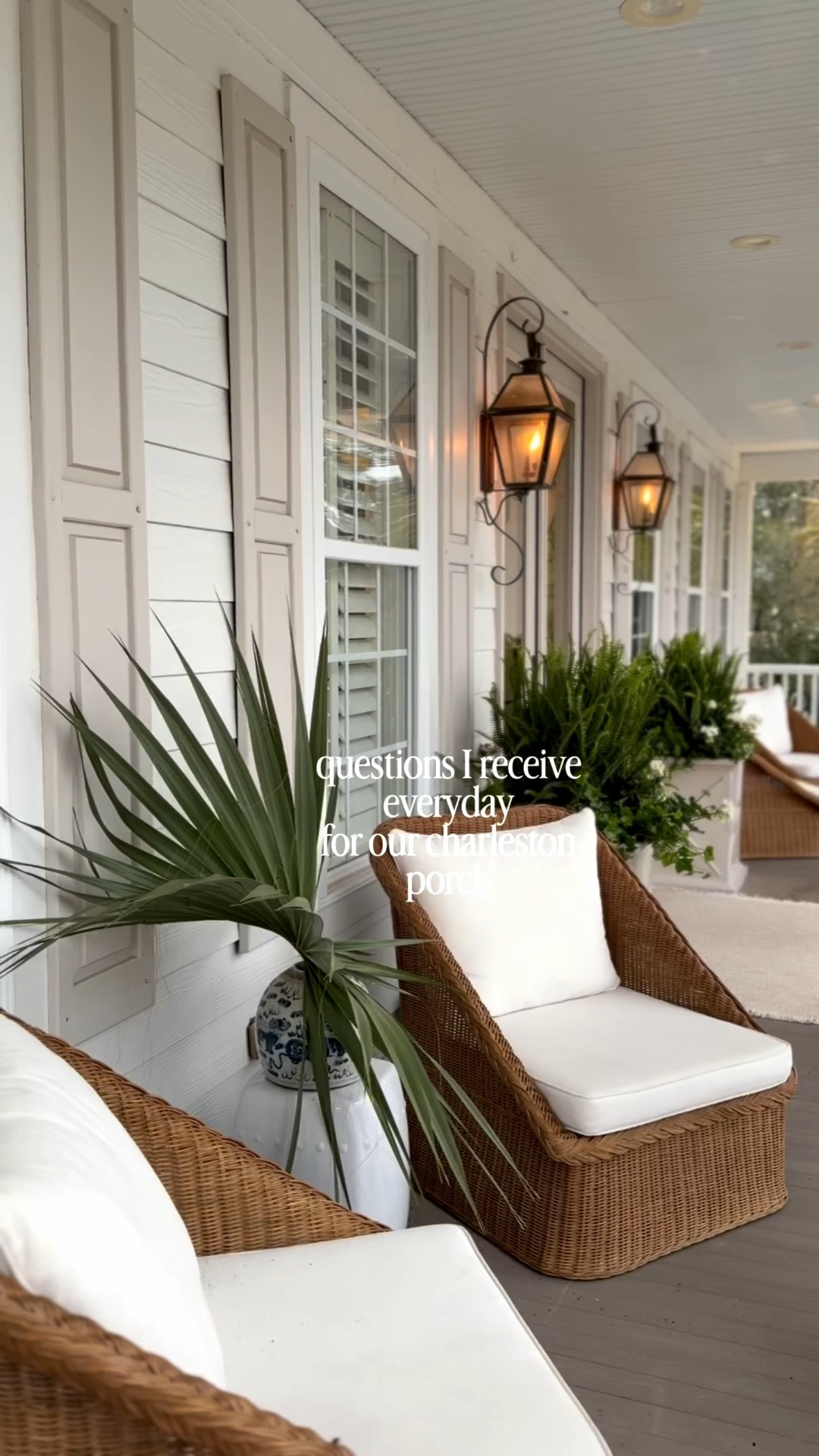 Answering all of your most asked Lowcountry porch questions ⬇️ comment SHOP for a DM with links! 

Where are the chairs from?
They’re actually indoor chairs that we use outdoors and they’ve held up beautifully for us. The porch is covered and the cushions aren’t exposed to constant moisture, which definitely helps.

Where are the planters from?
Where is the rug from?
Everything is linked here for you.

Where are the lights from?
They’re actually original gas lanterns to the house. We have natural gas in our community, which makes them possible. But you can absolutely recreate this look with flickering bulbs too.

What are your paint colors?
Sherwin-Williams Charleston White + Pediment.

What floors are those?
TimberTech Coastline — and honestly, they’ve held up incredibly well. We love them.

Why don’t you paint the ceiling blue?
It actually is a very soft blue, just a few shades under traditional haint blue. We wanted the porch itself to feel calm and layered without the ceiling becoming the main focus.

You should add a swing.
Trust me… I searched forever for a bed swing narrow enough to fit this porch. One is finally coming.

What plants did you use?
I’m linking a separate reel with all of the plants because there are quite a few.

How do your plants survive in the shade?
Our porch actually gets a surprising amount of intense sun throughout the day, which makes it tricky. I’ve learned a mix of plants works best for this space.

A few things changing soon around here… decorating for the summer holidays, giving the lanterns a really good clean, swapping the can lights so they disappear into the ceiling more, and finally hanging a bed swing after searching forever for one that would fit this narrow porch.

Little updates that somehow make home feel brand new again.

#LTKstorytime #LTKSeasonal #LTKHome