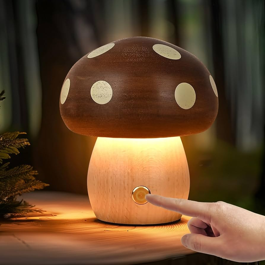 Wood Mushroom Lamp, Rechargeable Small Bedside Lamp, Touch Mushroom Night Light Small lamp for ni... | Amazon (US)