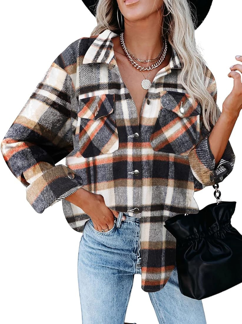 Gnveub Women's Fashion Plaid Shacket Blouses Casual Oversized Flannel Shirt Jacket | Amazon (US)
