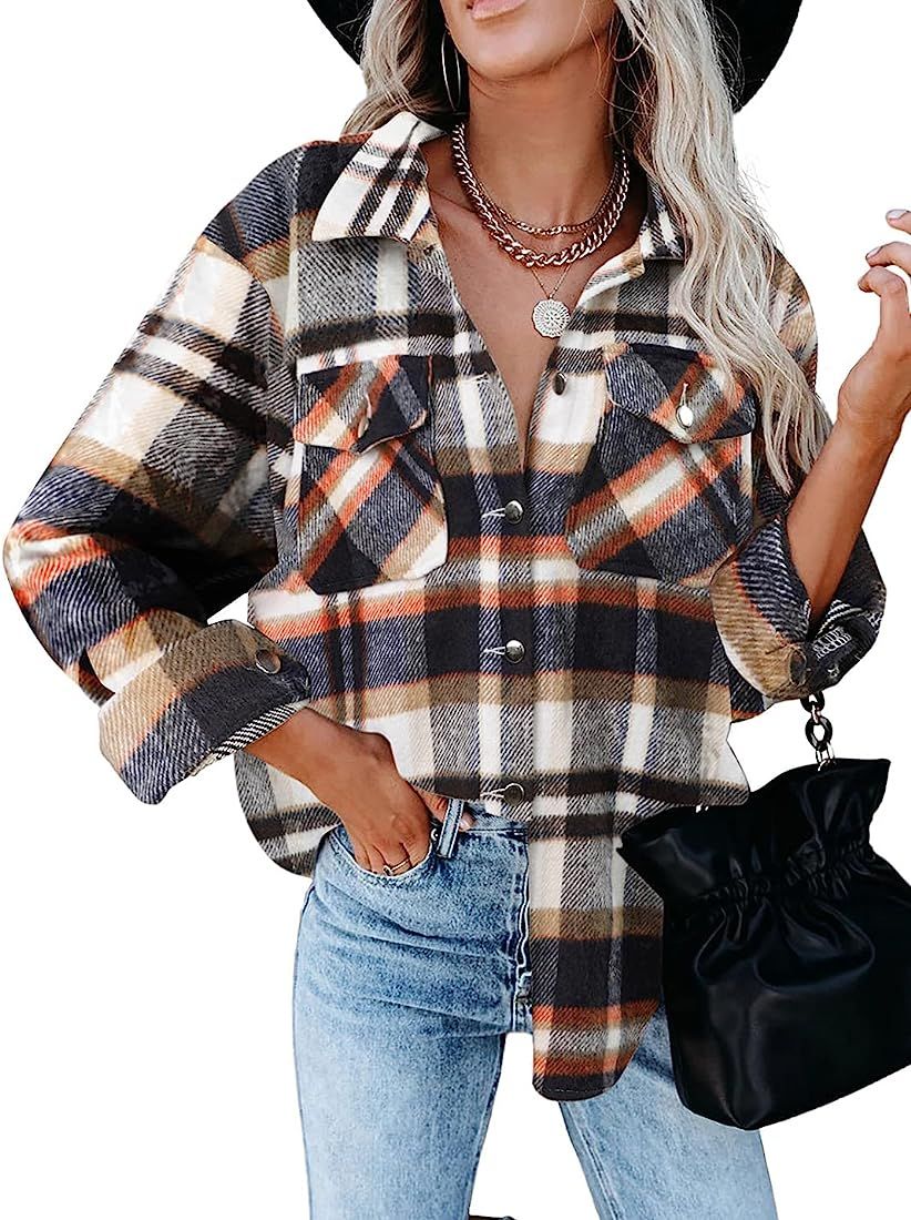 Gnveub Women's Fashion Plaid Shacket Blouses Casual Oversized Flannel Shirt Jacket | Amazon (US)