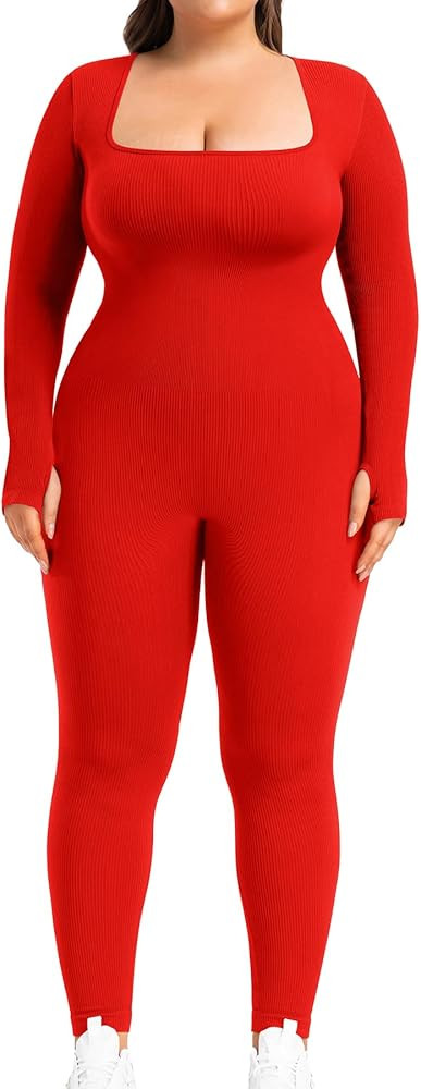 BLEVONH Women's Yoga Jumpsuits Ribbed Workout Rompers Square Neck Long Sleeve Bodysuits Full Leng... | Amazon (US)