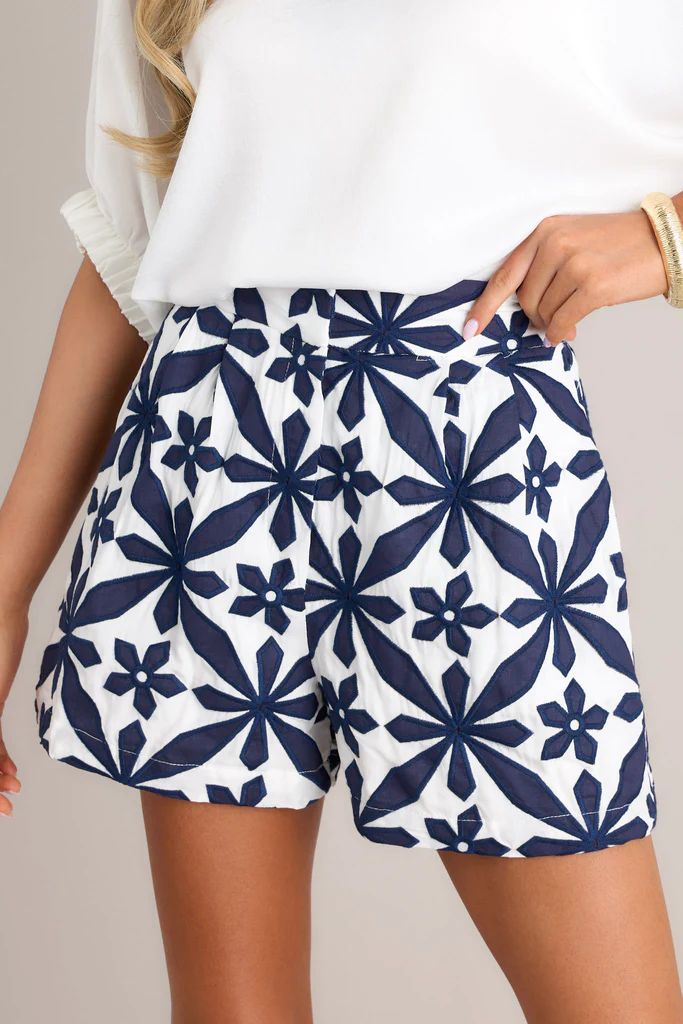 Petal Prism Navy Geometric Floral Embroidered Shorts | Red Dress