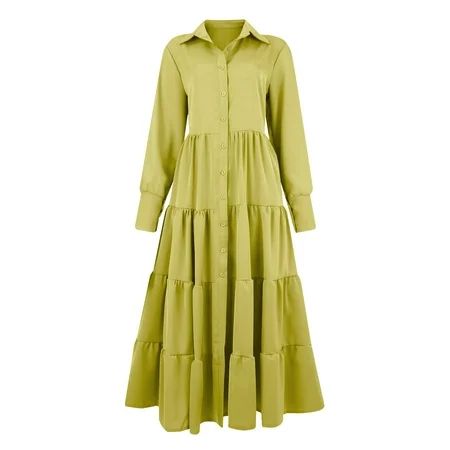 Sweater dress for women long sleeve dress Women Ladies Fashion Solid Lapel Shirt Dress Satin Cake Dr | Walmart (US)