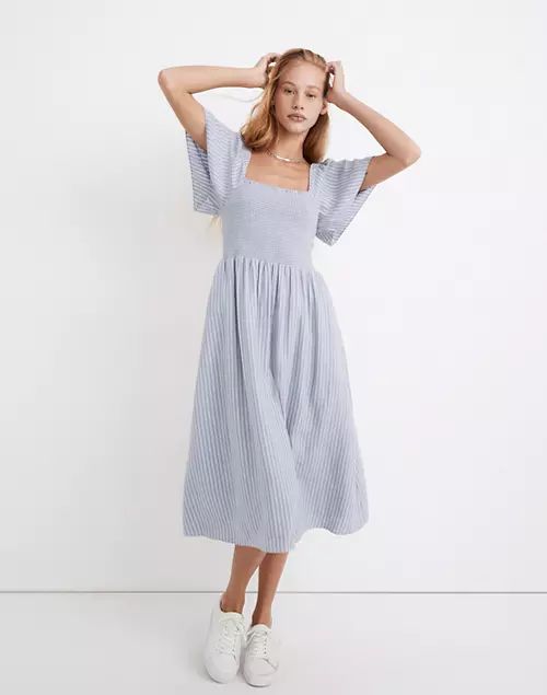 Linen-Blend Lucie Smocked Midi Dress in Stripe | Madewell
