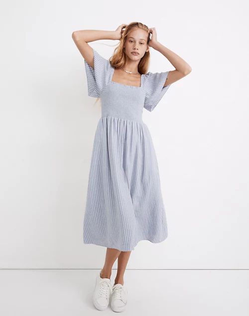 Linen-Blend Lucie Smocked Midi Dress in Stripe | Madewell