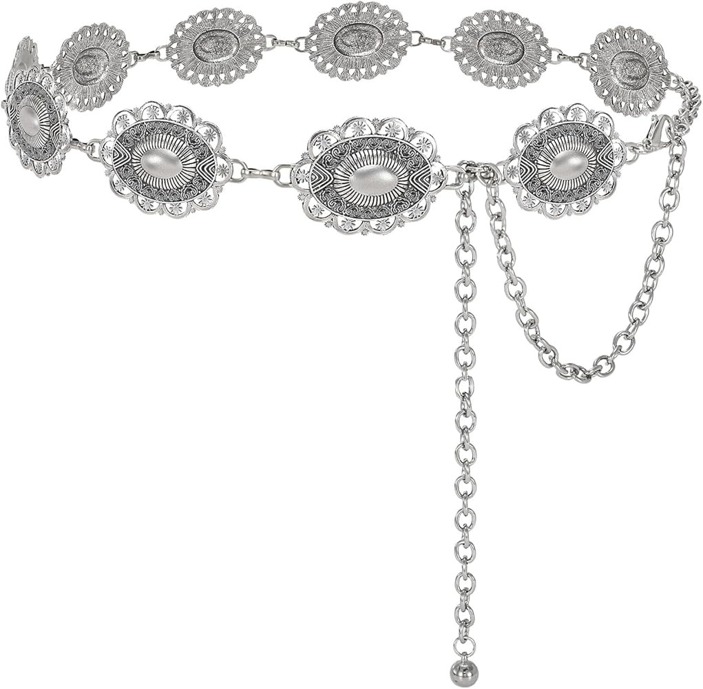 SANSTHS Women Western Concho Belt Cowgirl Boho Chain Belt Country Concert Metal Belt for Dresses | Amazon (US)