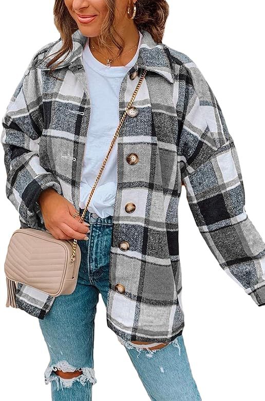 Women's Casual Loose Lapel Collar Long Sleeves Button Down Plaid Shirts Shacket | Amazon (US)