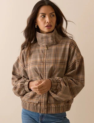 Brown Check Funnel Neck Jacket | Nobody's Child