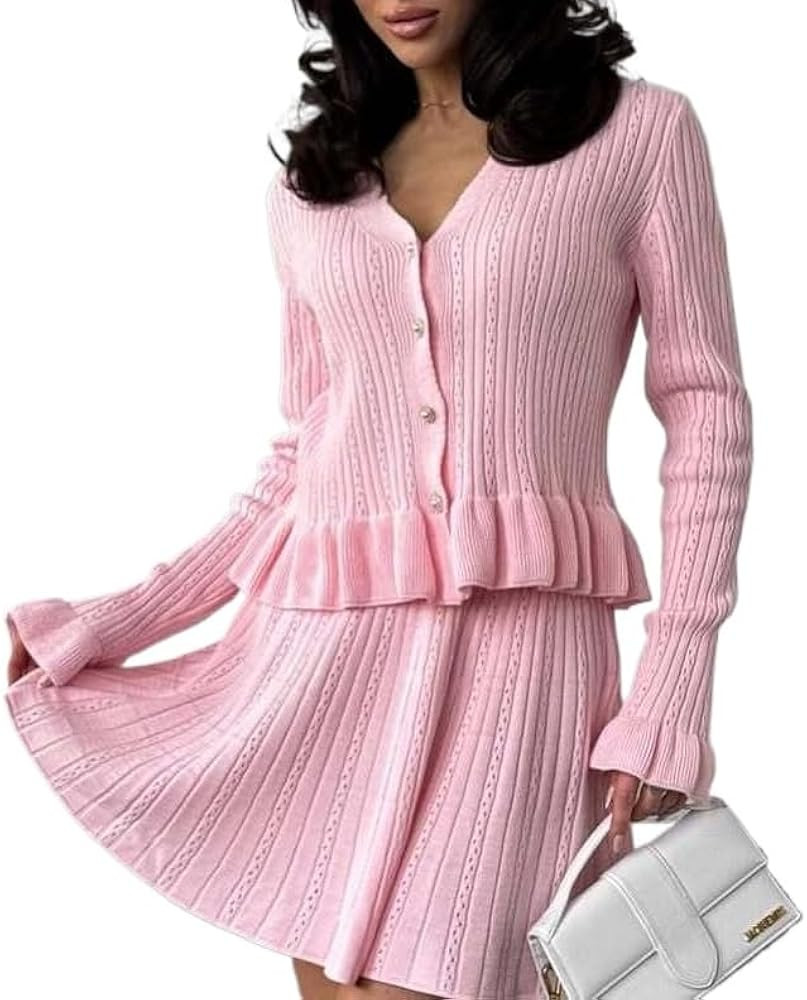 LOUSEA Women's V-neck Long-sleeved Knit Dress Sets Embroidered Collar Frilly Edge Belted Sweater ... | Amazon (US)