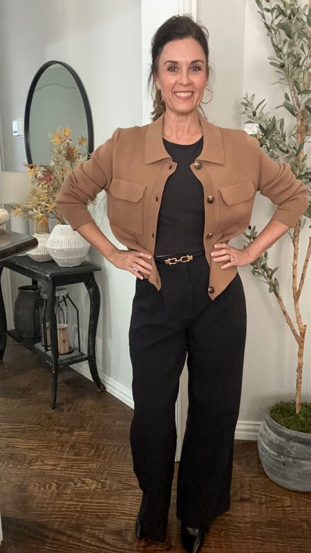 Fall fashion outfit ideas with the seasons trending trousers . Pair them with a fitted mock neck or cropped tank. This cardigan is a great staple to wear as a light jacket or foundational piece with jeans or dress pants . Add a horse it belt and black booties 

#LTKstyletip #LTKover40 #LTKSeasonal