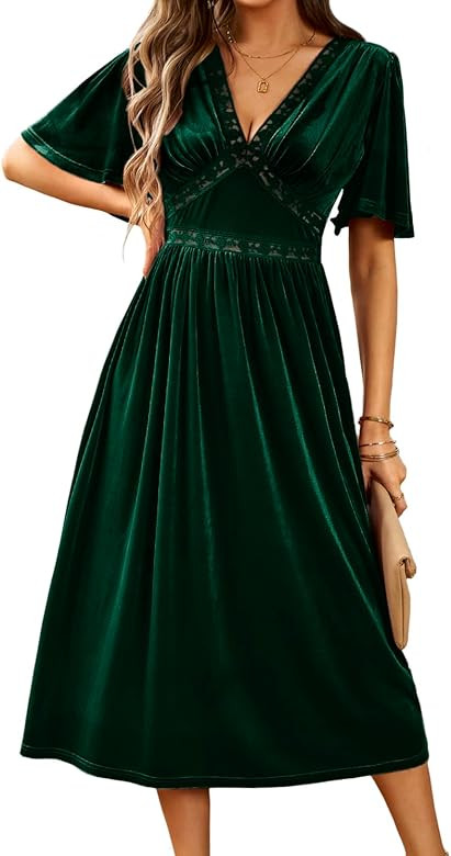 Zilcremo Women Deep V Neck Elegant Velvet Dress Bell Sleeve Lace Flowy Midi Party Dresses | Amazon (CA)