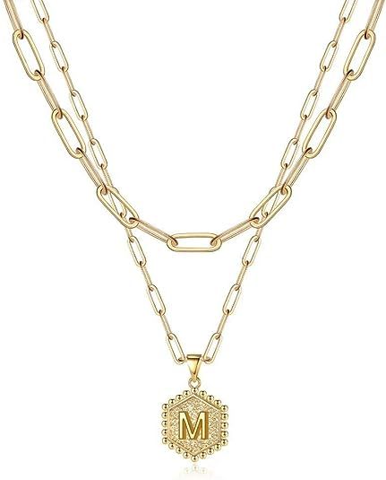 M MOOHAM Dainty Layered Initial Necklaces for Women, 14K Gold Plated Paperclip Chain Necklace Sim... | Amazon (US)
