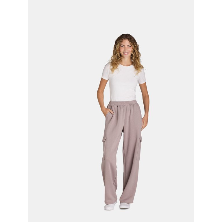 No Boundaries Fleece Wide Leg Cargo Pants, Women’s | Walmart (US)