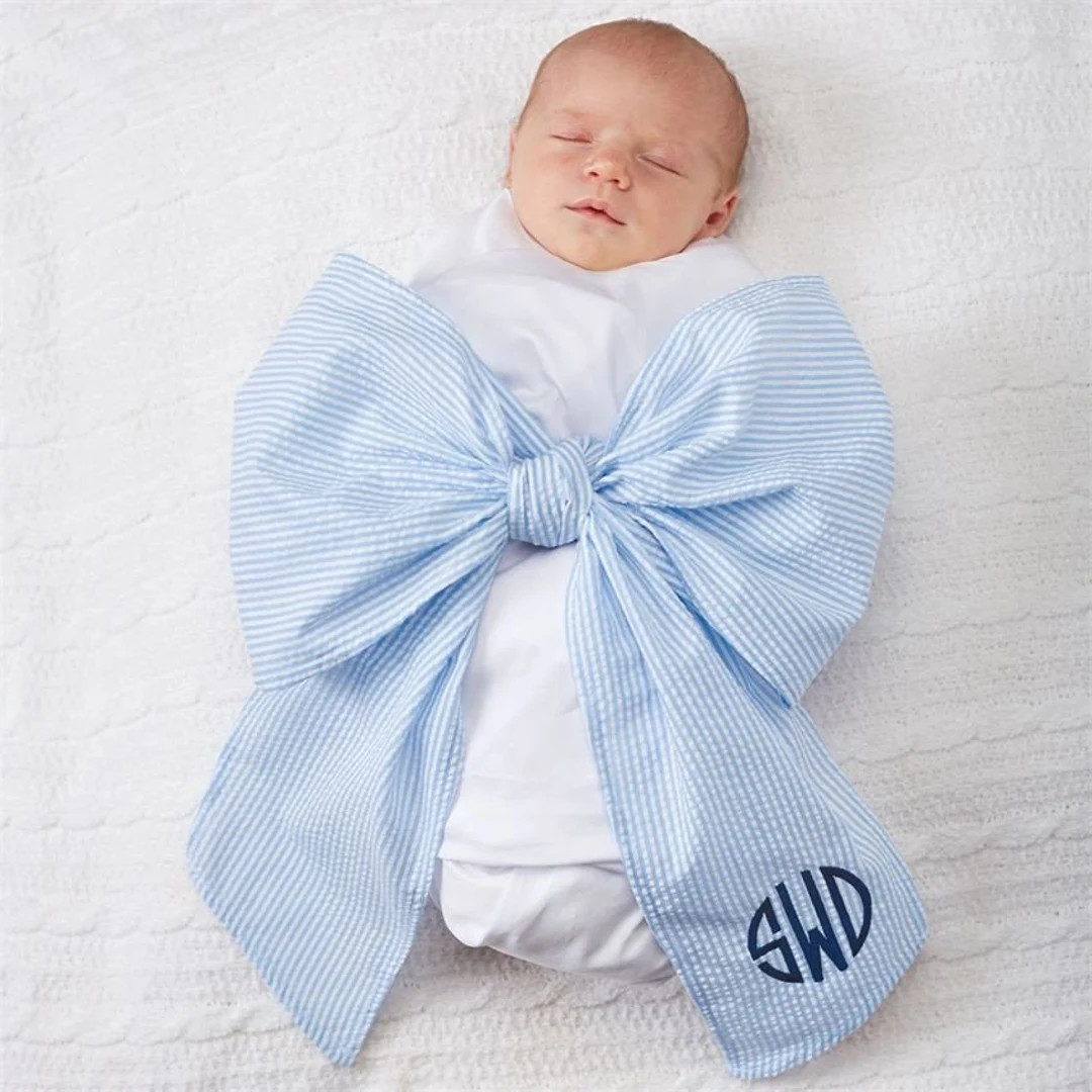 Monogrammed Newborn Infant Baby Seersucker Bow Sash Blanket - Etsy | Etsy (US)