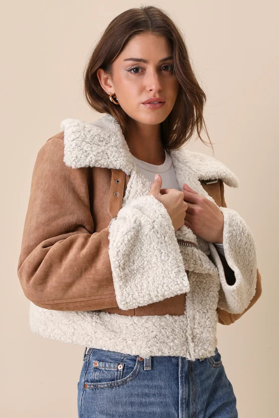 Coziest Trend Tan Faux Suede Shearling Cropped Moto Jacket | Lulus (US)