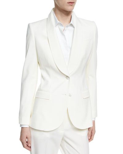 Shawl-Collar Stretch-Wool Two-Button Jacket, White | Neiman Marcus