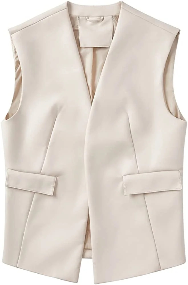 QWZNDZGR Faux Leather Vest For Women Sleeveless Open Front PU Leather Vest Jacket with Pockets | Walmart (US)