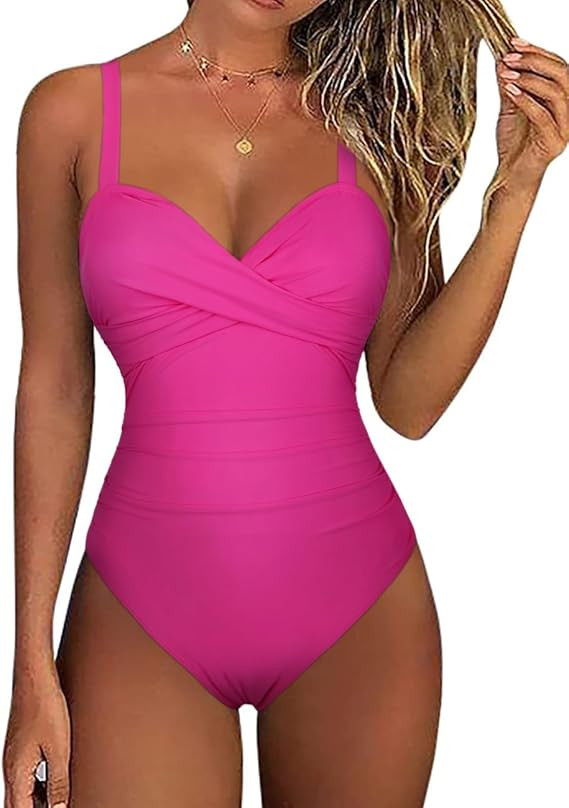 Hilor Women's Underwire One Piece Swimsuits Criss Cross Push Up Bathing Suit Retro Ruched Tummy C... | Amazon (US)