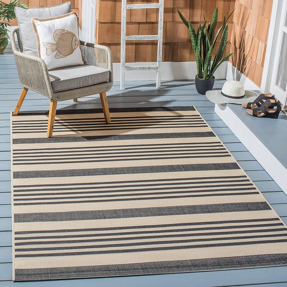 SAFAVIEH Courtyard Collection Area Rug - 8' x 10', Black & Bone, Stripe Design, Non-Shedding & Ea... | Amazon (US)