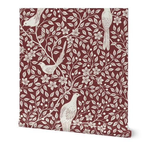 Birds on flowering tree chinoiserie - brown red L scale  | Spoonflower