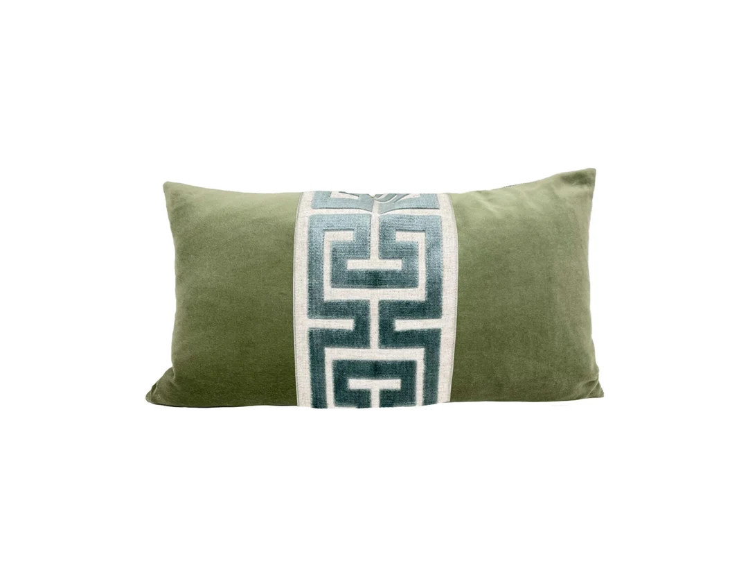 Sage Green Velvet Lumbar Pillow Cover With Large Greek Key Trim - SELECT TRIM COLOR - Etsy | Etsy (US)
