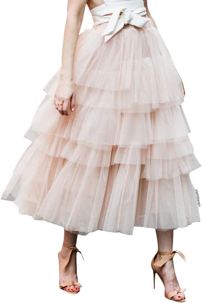 Women's Nude Pink/Black Tiered Layered Mesh Ballet Prom Party Tulle Tutu A-line Midi Skirt | Amazon (US)