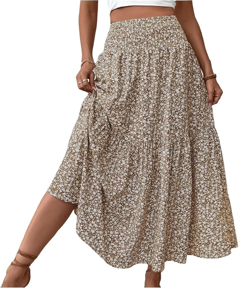 Floral Skirts for Women Boho Maxi Summer Flowy High Waisted Elastic Beach Skirt Pleated Casual Va... | Amazon (US)