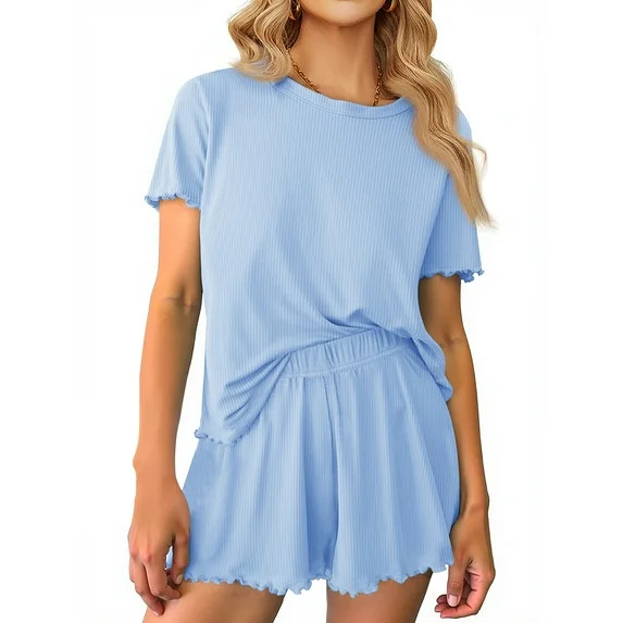 +4View allHero image 0 of MOSHU Womens Pajamas Sets Ribbed Knits Tops and Elasticated Waist Short... | Walmart (US)