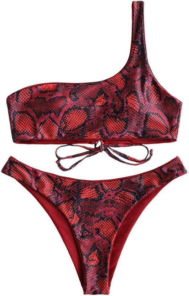 ZAFUL Women’s Two-Piece Snakeskin Leopard One Shoulder Reversible Bikini Set Lace up Padded Swi... | Amazon (US)