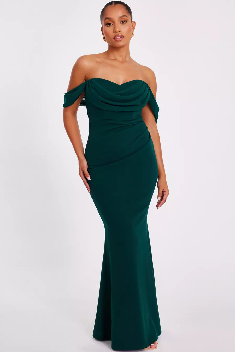 Home/Petite Bottle Green Chiffon Bardot Maxi Dress | Quiz Clothing