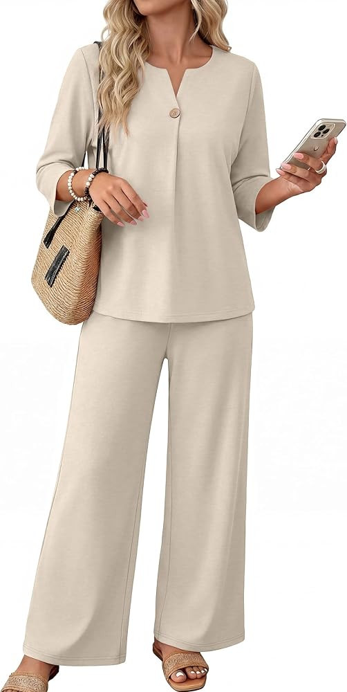 WIHOLL Two Piece Sets for Women 3/4 Length Sleeve Lounge Sets Summer Spring Vacation Travel Outfi... | Amazon (US)