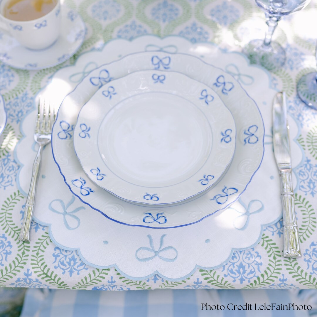 Blue Bow Embroidered Scalloped Placemats - Etsy | Etsy (US)