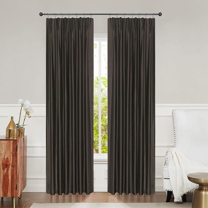 Central Park Brown Pinch Pleat Full Blackout Window Curtain for Bedroom Living Room Luxury Silk P... | Amazon (US)