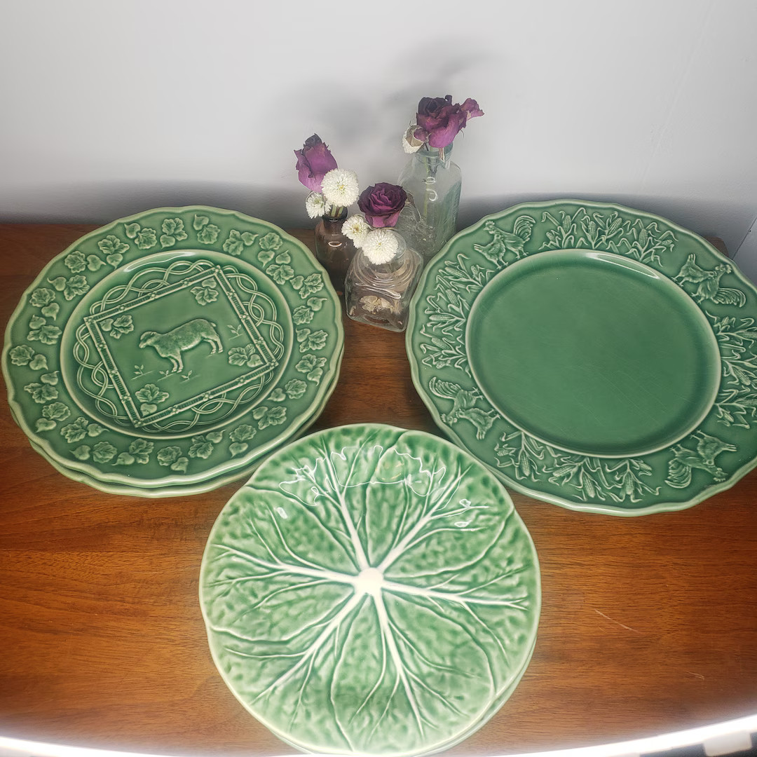 Bordallo Pinheiro Green Dinner Plates Cabbage Sheep Lamb Rooster Hen Vegetable Radish Portugal Di... | Etsy (US)