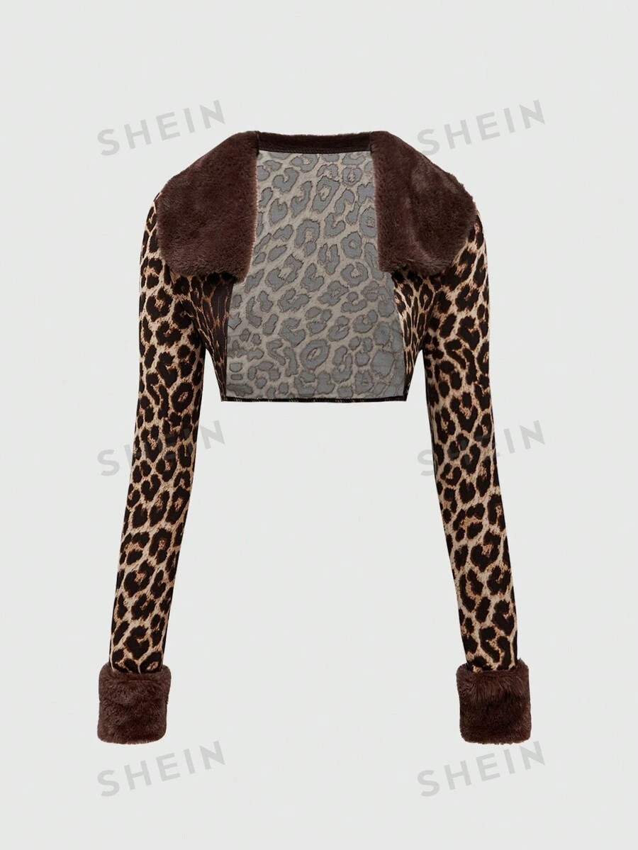 ROMWE Grunge Punk Y2K Sexy Leopard Print Patchwork Faux Fur Collar Blouse For Women | SHEIN