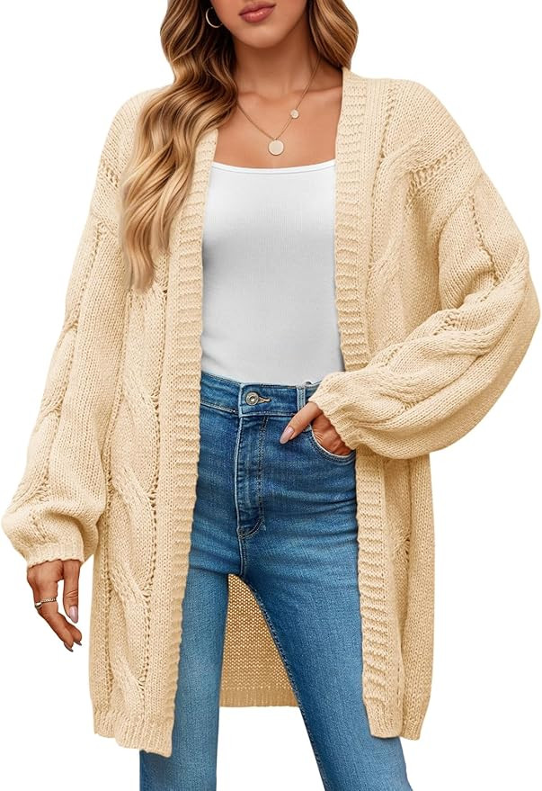 Saodimallsu Womens Fall Cable Long Cardigans Lantern Sleeve Knit Open Front Chunky Loose Fit Swea... | Amazon (US)