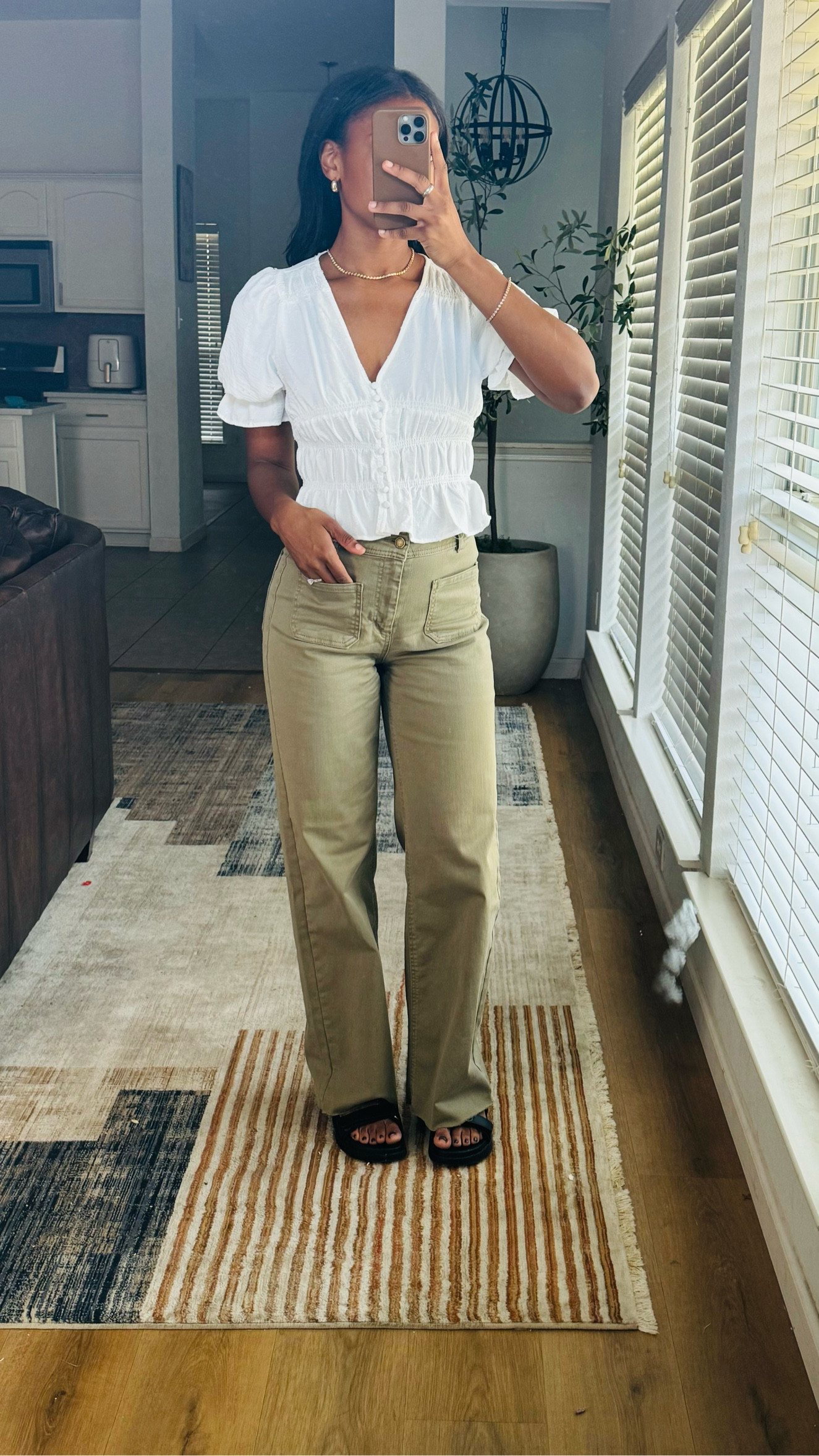 Top: medium; linked similar ones
Pants: size 4