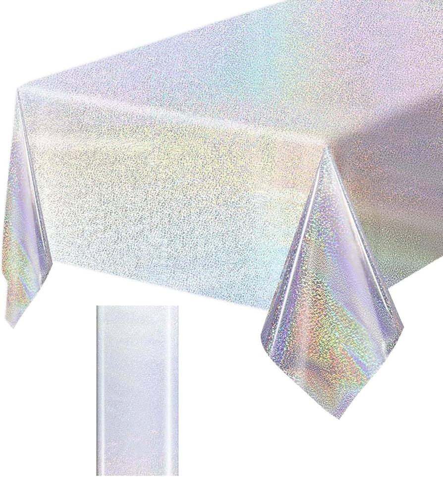 1 Pack Silver Iridescent Plastic Tablecloth Disposable 54 × 108 Inch Glitter Holographic Foil Ta... | Amazon (US)